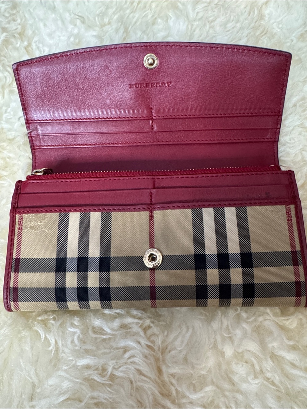Burberry Burgundy Leather & Beige Check Continental Wallet - Picture 5 of 8